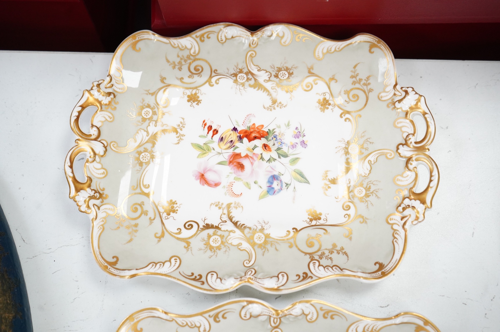 A pair of Spode 967 pattern Imari dishes and pair of Ridgway floral dessert dishes, largest 27cm wide